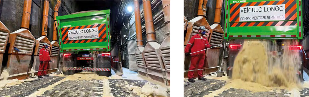 Sequencia de descarga pela traseira do implemento Facchini, com a placa Veiculo Longo de 25,50 metros